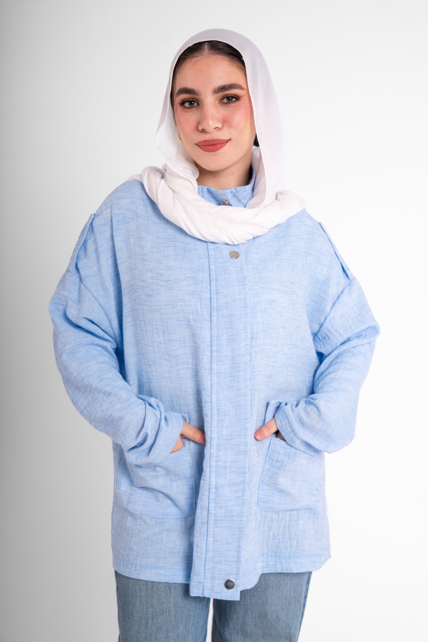 Linen jacket with 2 flap pockets and snap buttons - Baby-Blue, 2X