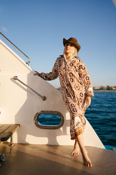 linen dress with printed collar and cuffs