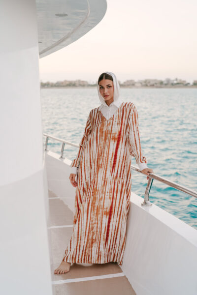 printed dress with white basin and cuffs
