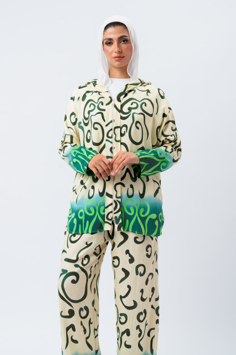 Linen printed hoodie blouse with 2 pockets - Image 7