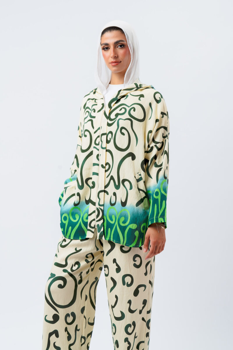Linen printed hoodie blouse with 2 pockets - Image 6