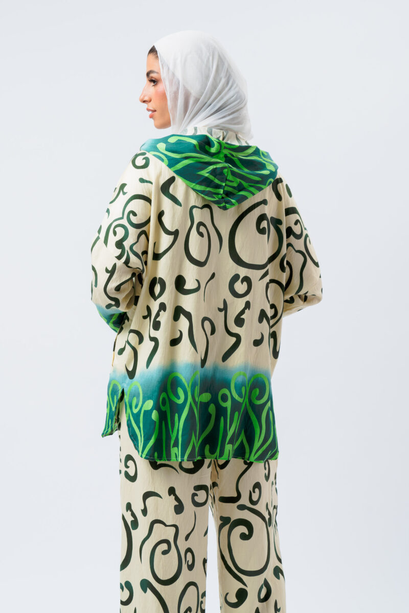 Linen printed hoodie blouse with 2 pockets - Image 3