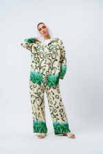 Linen printed hoodie blouse with 2 pockets