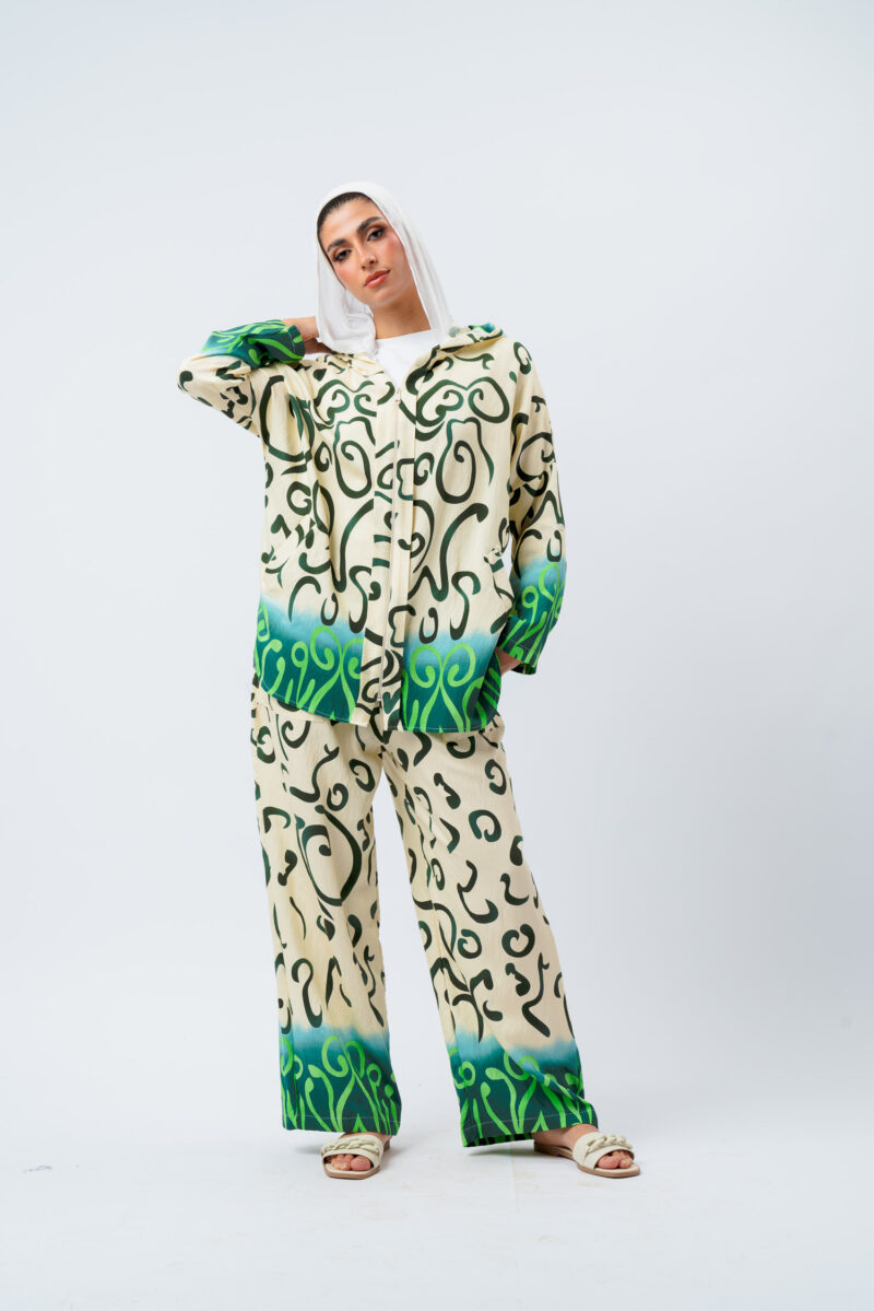 Linen printed hoodie blouse with 2 pockets - Image 1