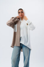 Heart-embroidered striped linen blouse