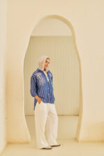 Embroidered Chest Striped Linen Blouse - Image 2