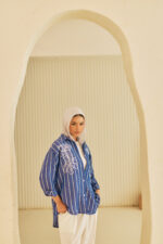 Embroidered Chest Striped Linen Blouse - Image 3