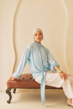 Smocked Neck Blouse with Tie-Front - Image 4