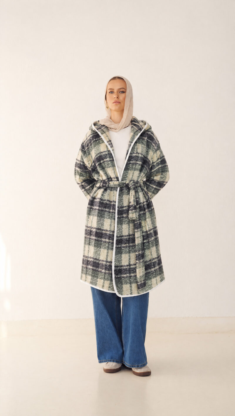 1-23 Plaid Hooded Belted Coat - Image 1